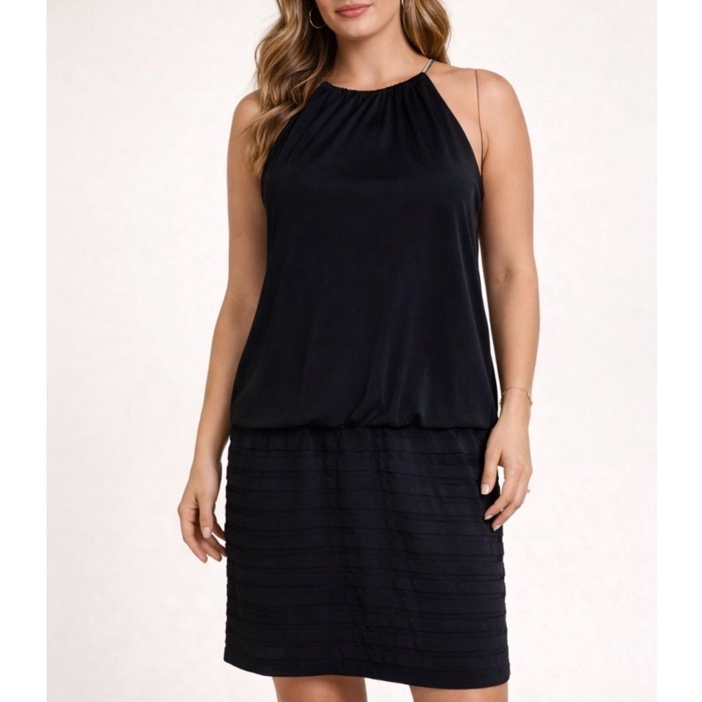 WHBM dress spandex stretch halter top tiered bottom black figure flattering SZ M